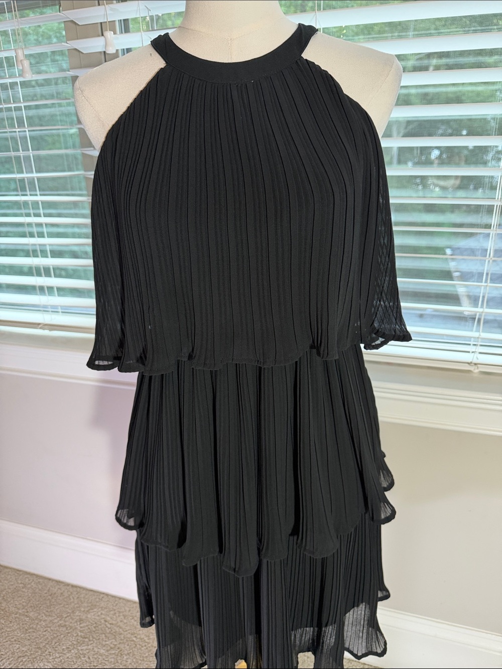 Black Pleated Halter Tie-Back Midi Dress